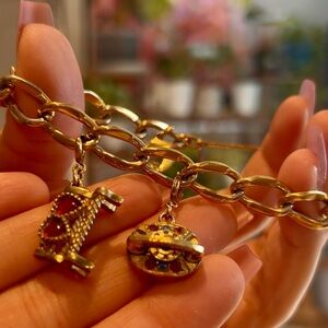 Vintage Monet Charm Bracelet Set Lovers Bench & Rotary Phone Coquette Gold